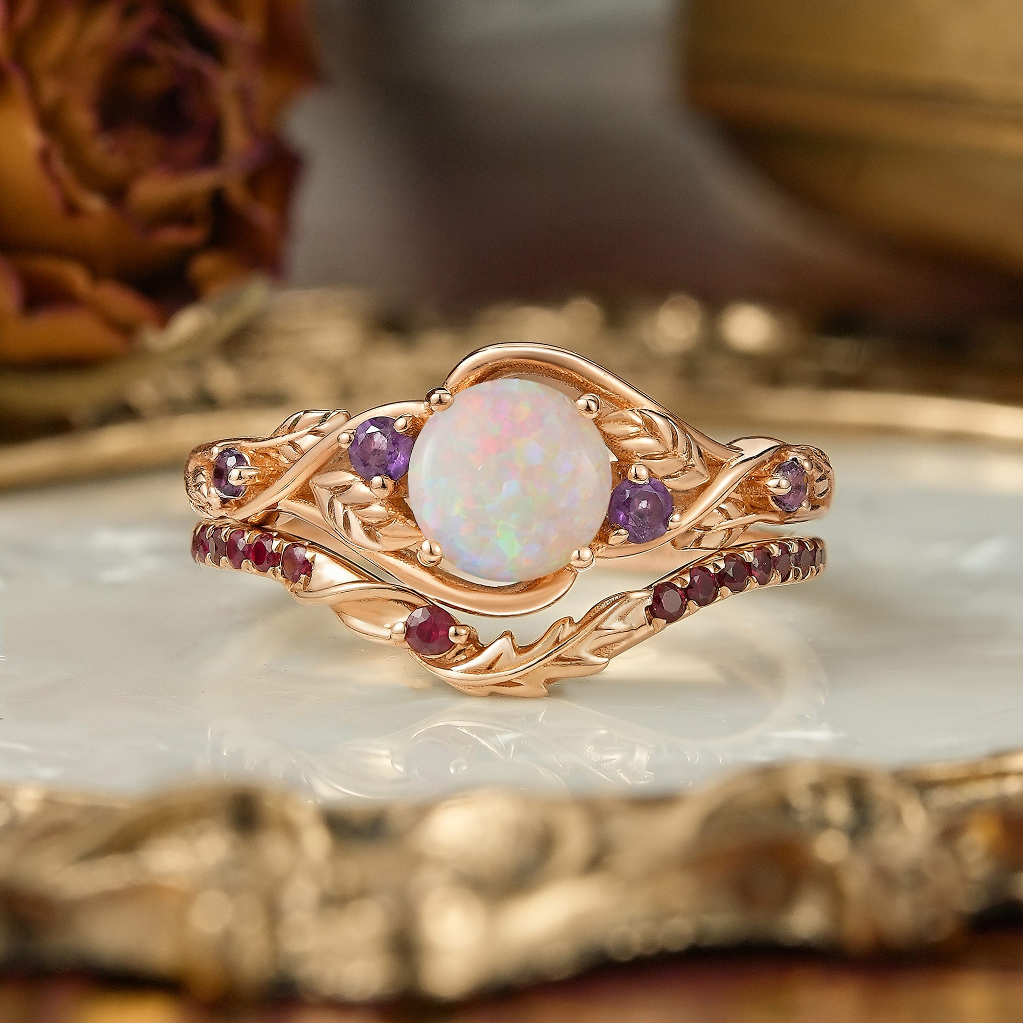 Round Cut Natural Opal Leaf Inspired Unique Bridal Ring Set - Tracy