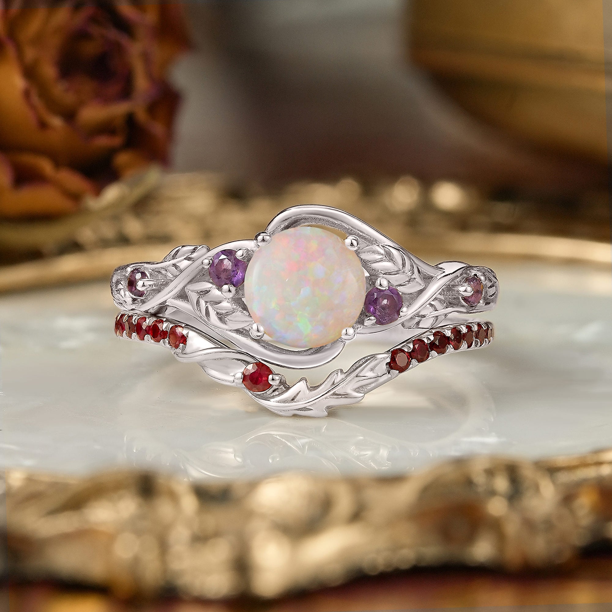 Round Cut Natural Opal Leaf Inspired Unique Bridal Ring Set - Tracy