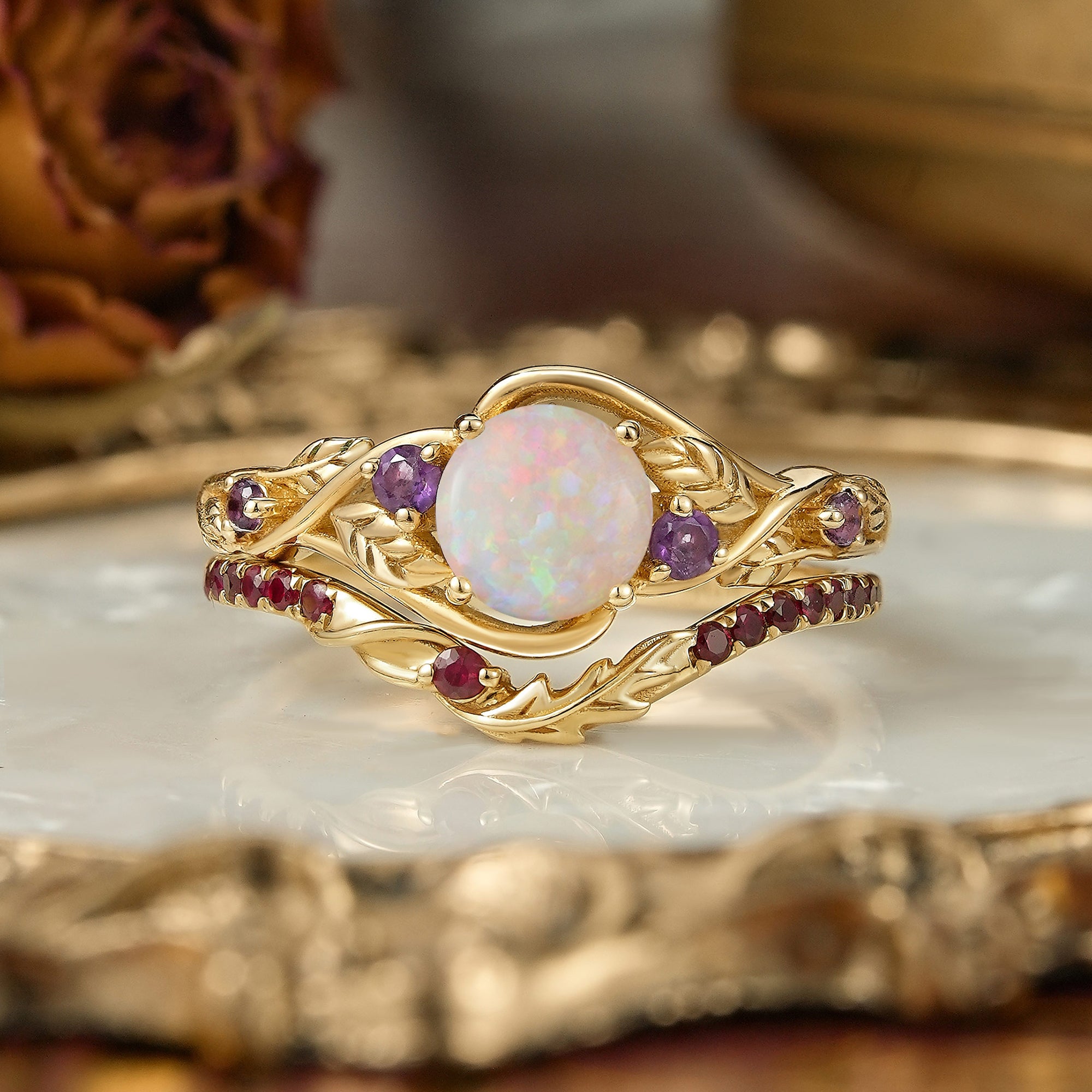 Round Cut Natural Opal Leaf Inspired Unique Bridal Ring Set - Tracy