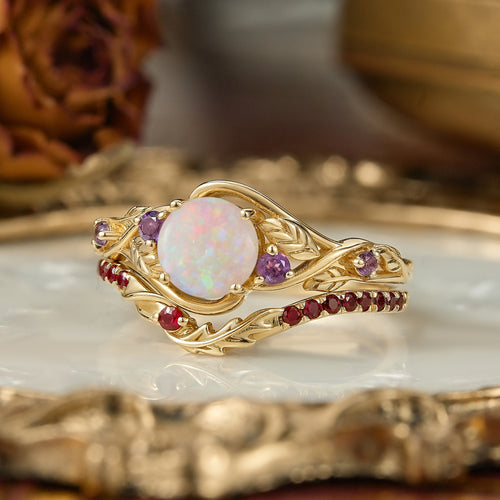 Round Cut Natural Opal Leaf Inspired Unique Bridal Ring Set - Tracy
