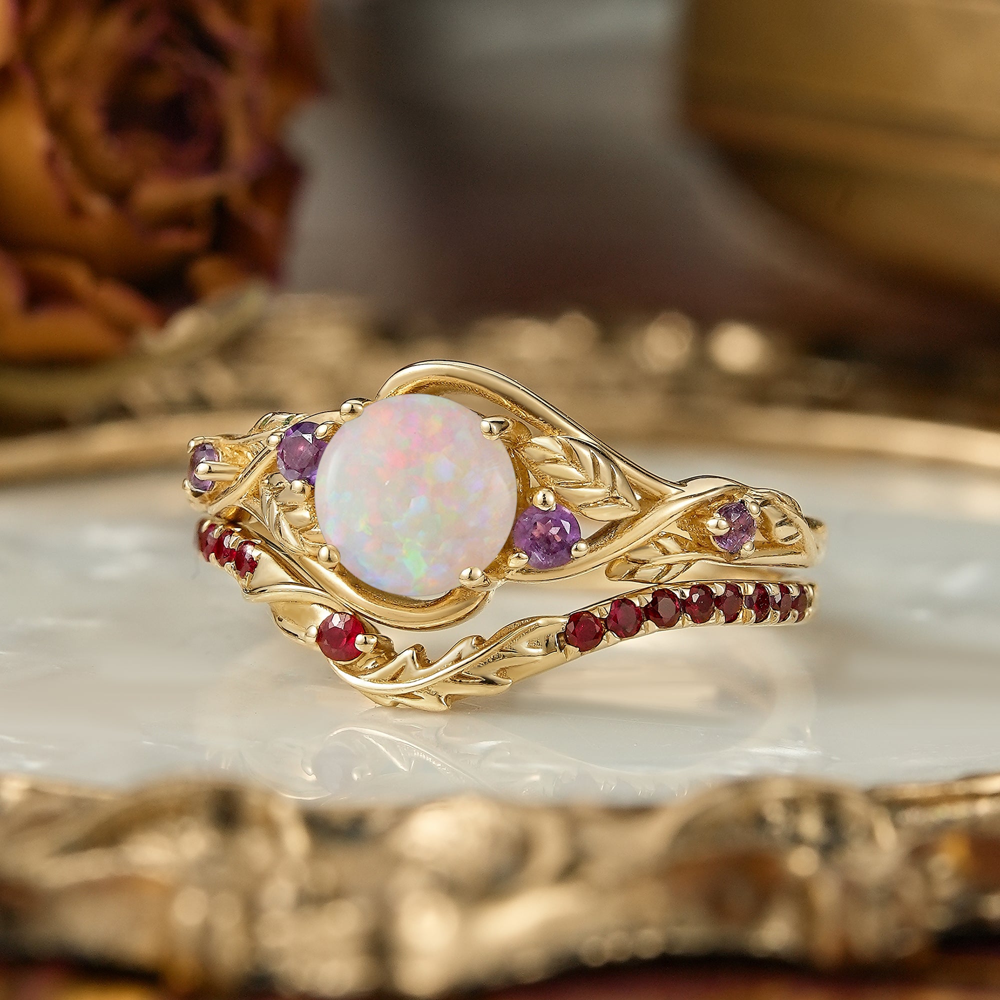 Round Cut Natural Opal Leaf Inspired Unique Bridal Ring Set - Tracy