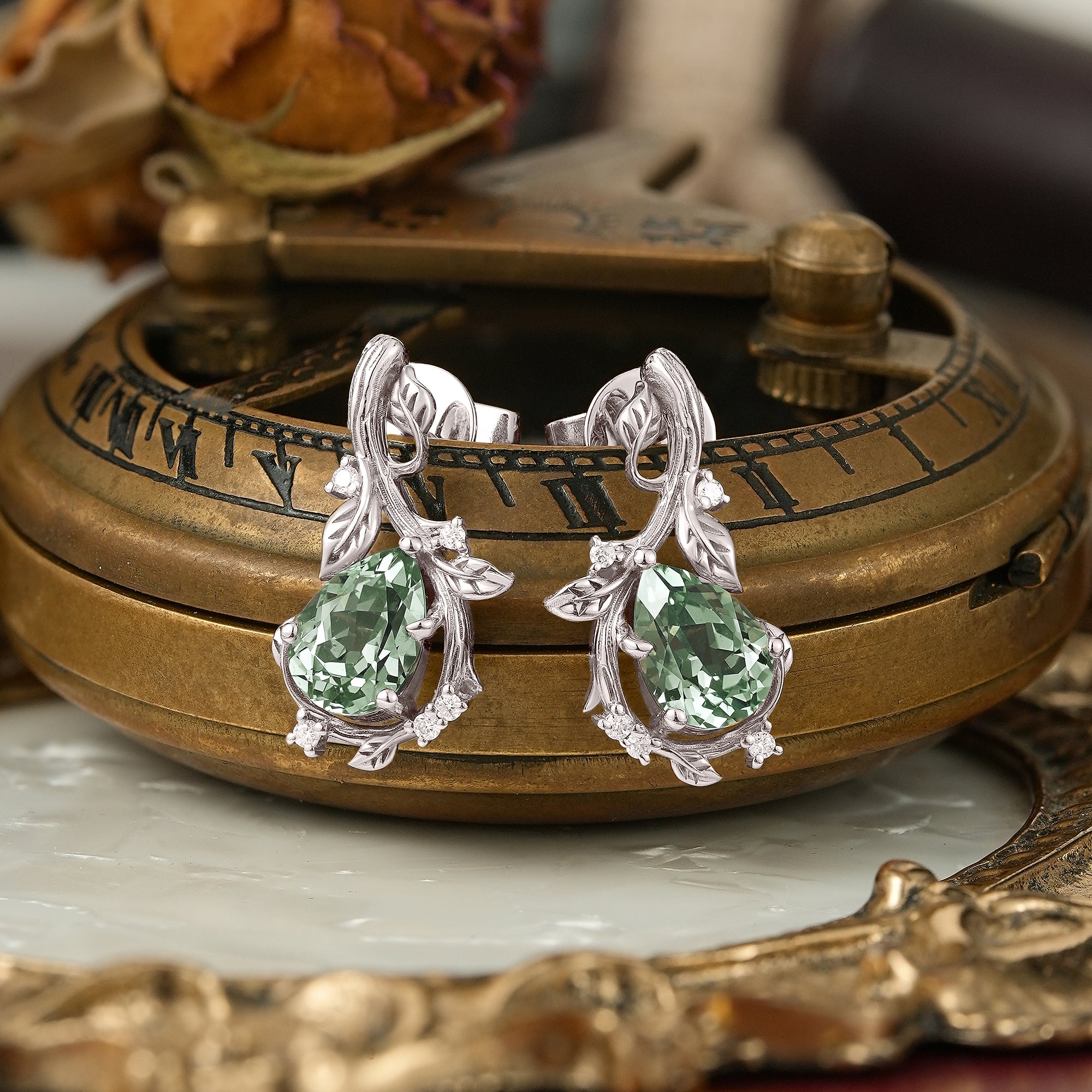 Nature Inspired Pear Green Sapphire Leaf And Bark Textured Earrings - Edith