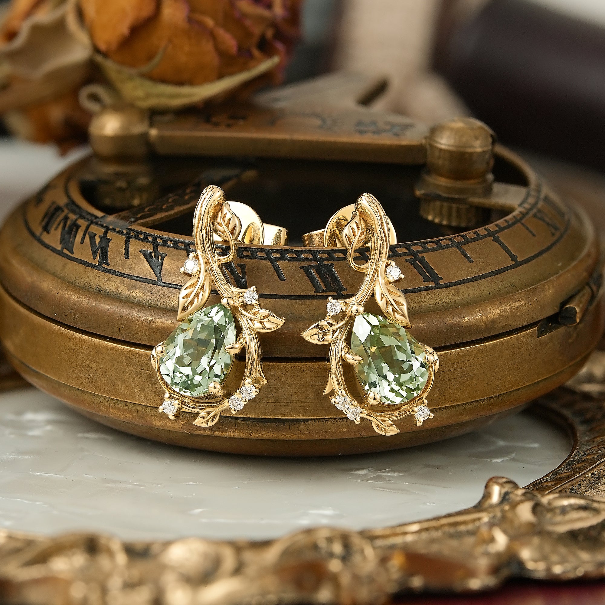Nature Inspired Pear Green Sapphire Leaf And Bark Textured Earrings - Edith