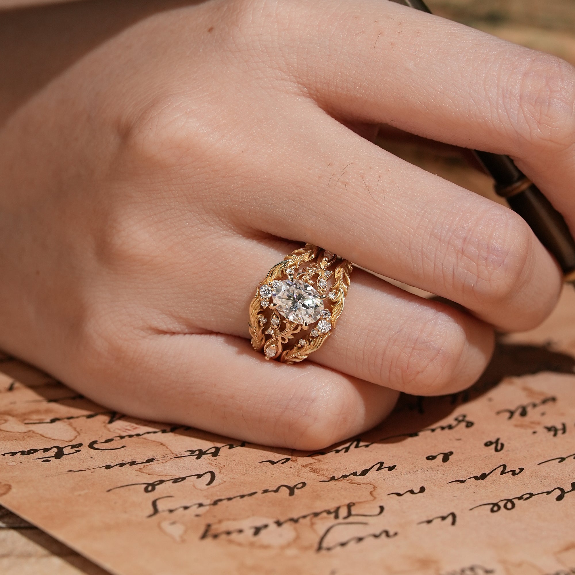 Oval Cut Moissanite Leaf And Vine Inspired Milgrain Bridal Ring Set With Enhancer - Britney