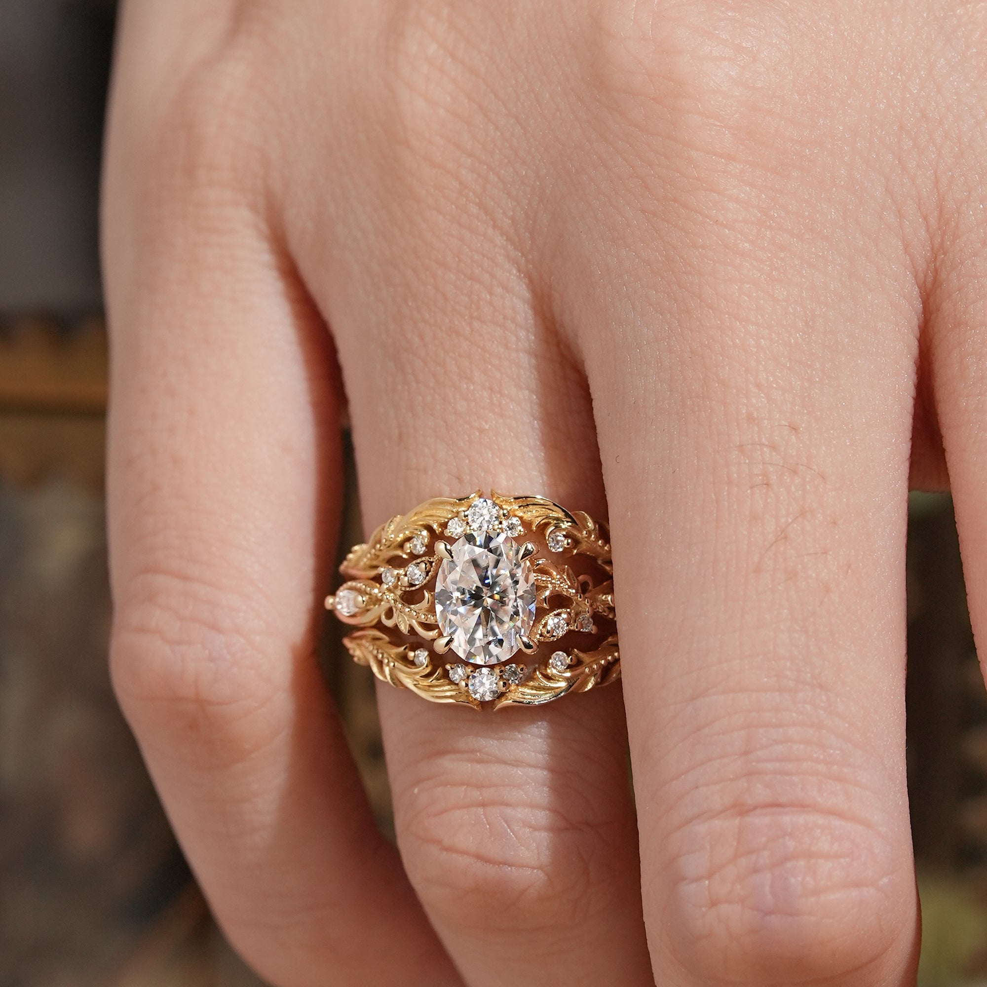 Oval Cut Moissanite Leaf And Vine Inspired Milgrain Bridal Ring Set With Enhancer - Britney