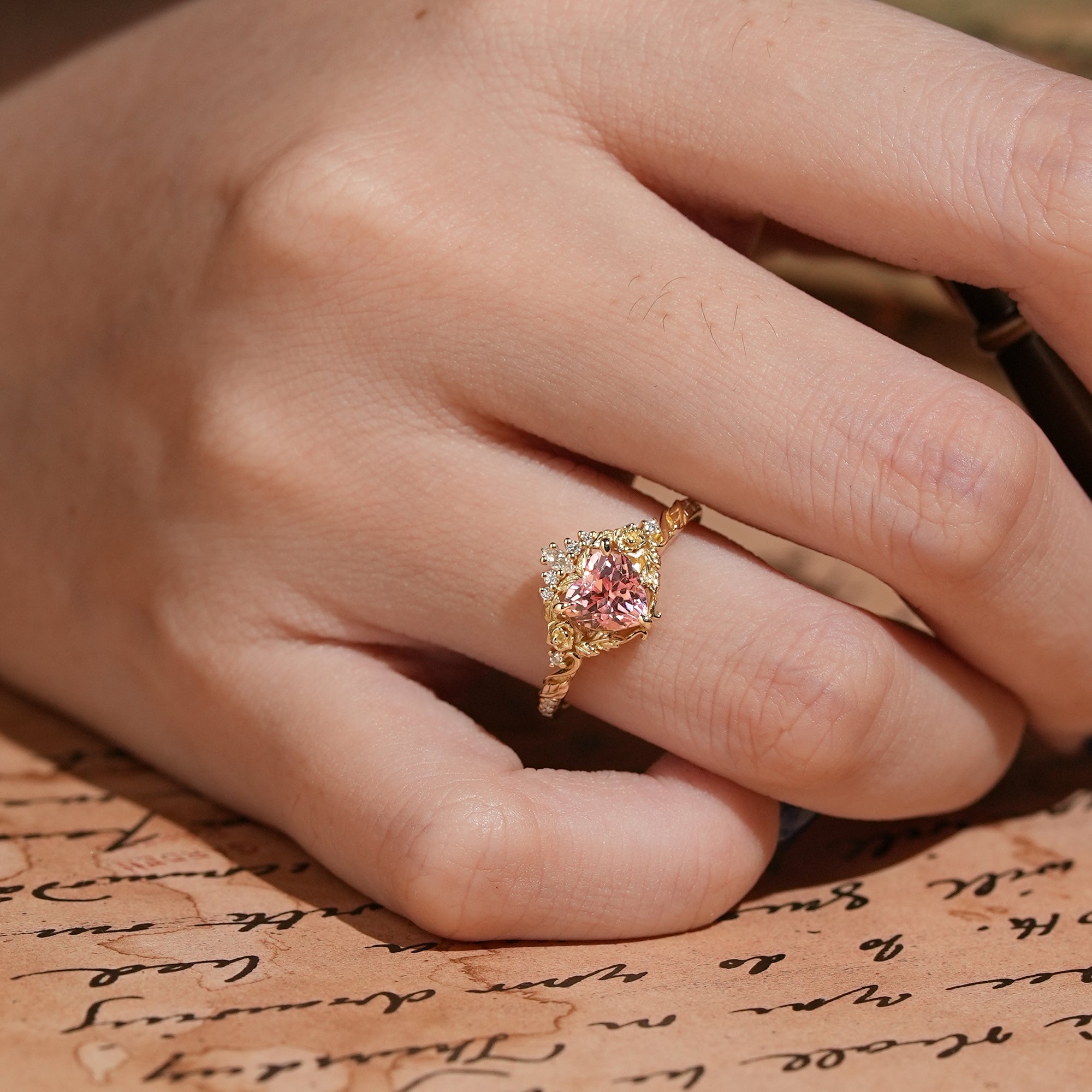 Heart Cut Pink Padparadscha Sapphire Flower Inspired Engagement Ring - Larissa
