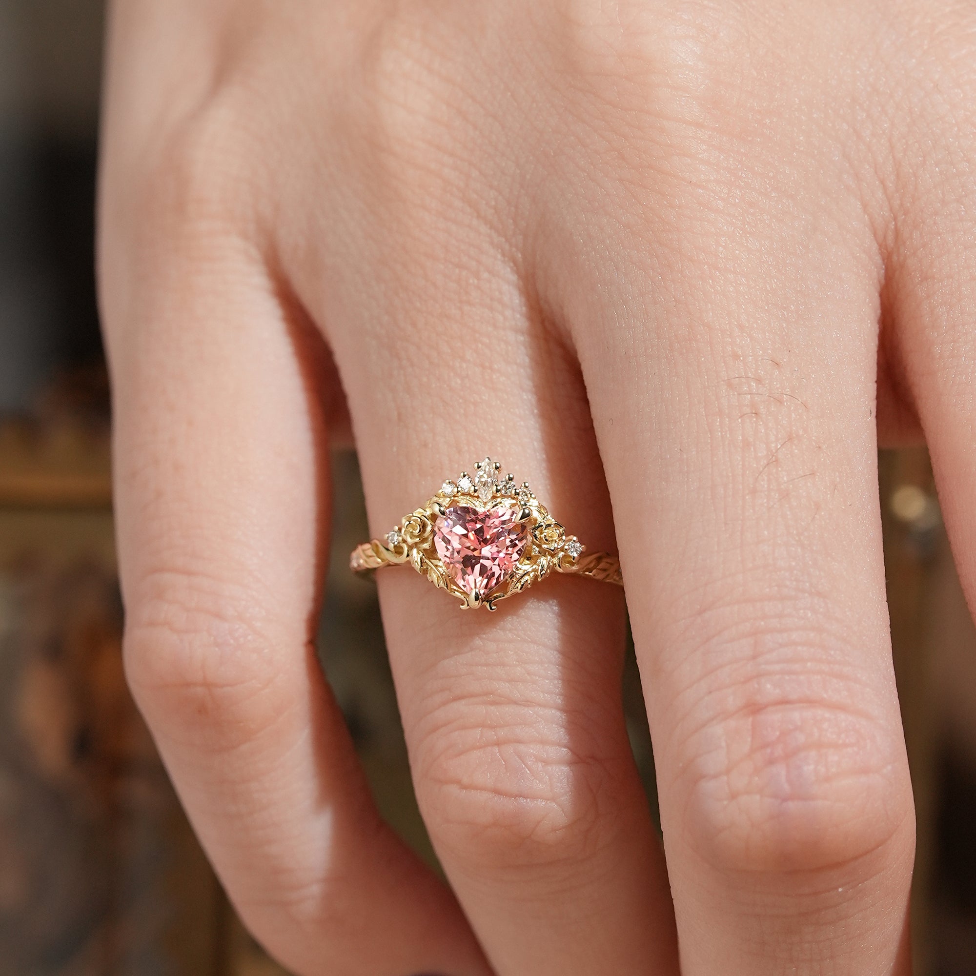 Heart Cut Pink Padparadscha Sapphire Flower Inspired Engagement Ring - Larissa