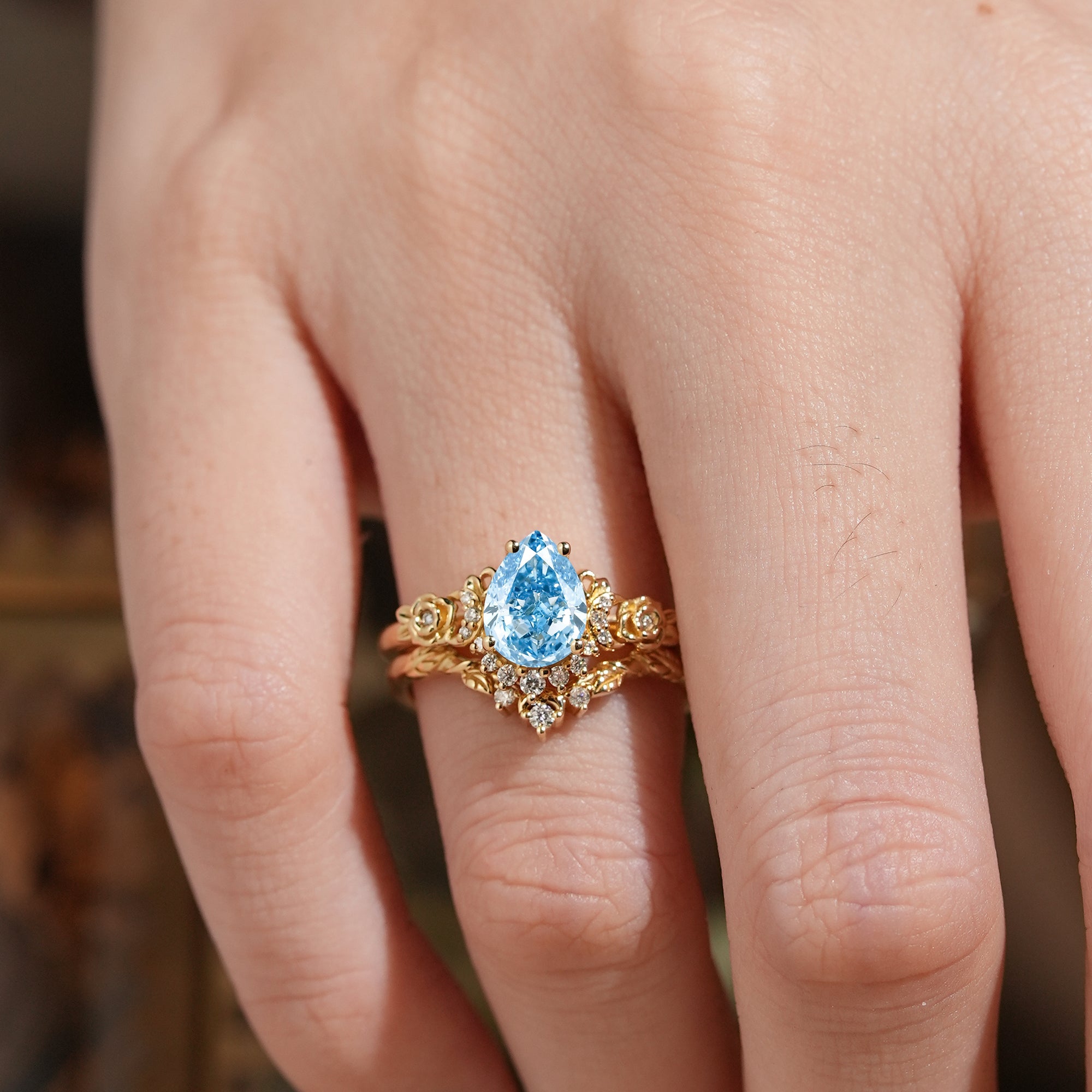 Pear Cut Lab Grown Blue Diamond Moon And Flower Inspired Bridal Ring Set