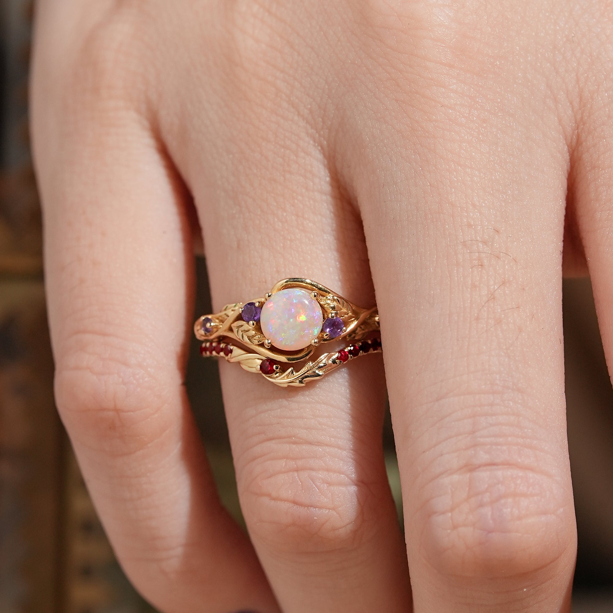 Round Cut Natural Opal Leaf Inspired Unique Bridal Ring Set - Tracy