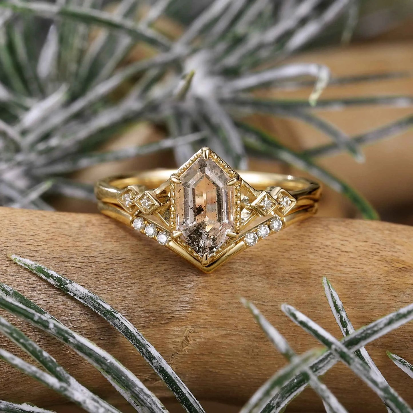 Long Hexagon Cut Herkimer Diamond Ring Set
