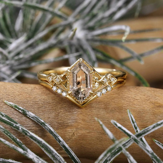 Long Hexagon Cut Herkimer Diamond Ring Set