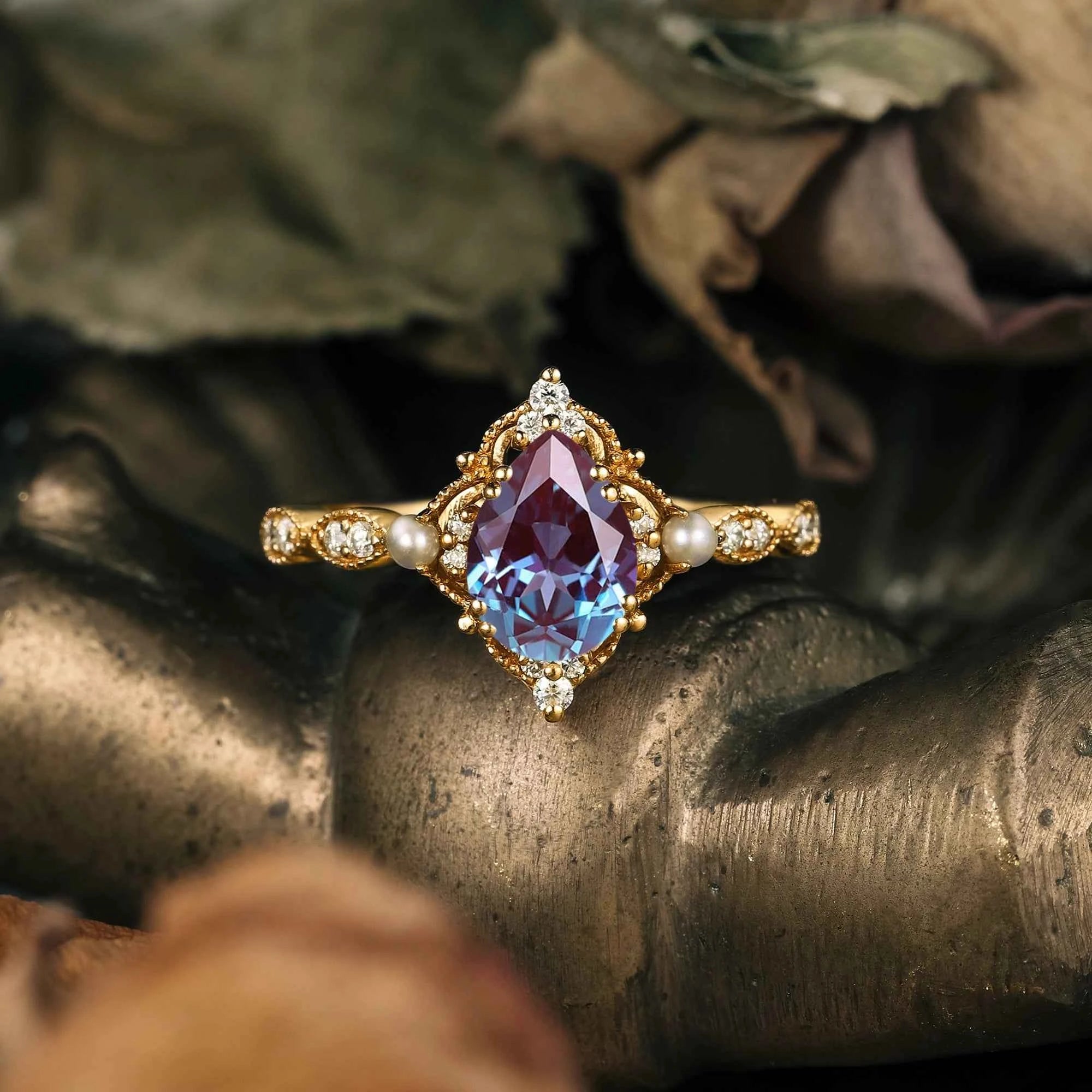Pear Cut Alexandrite Milgrain Vintage Engagement Ring