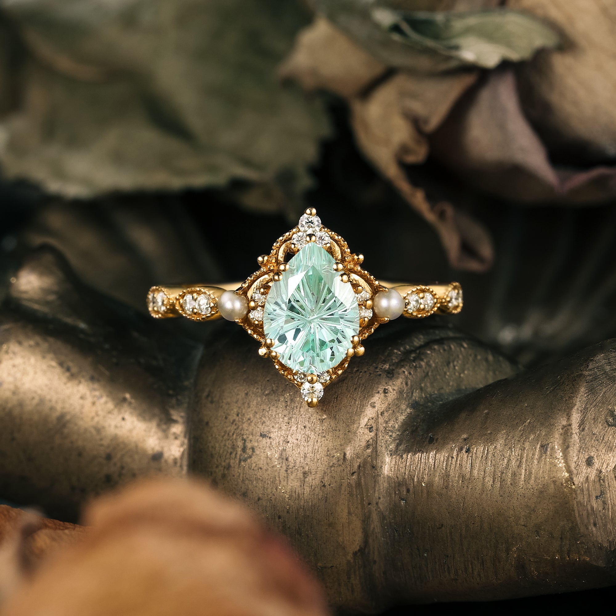 Sparkle Cut Pear Green Sapphire Milgrain Vintage Engagement Ring - Eulalie