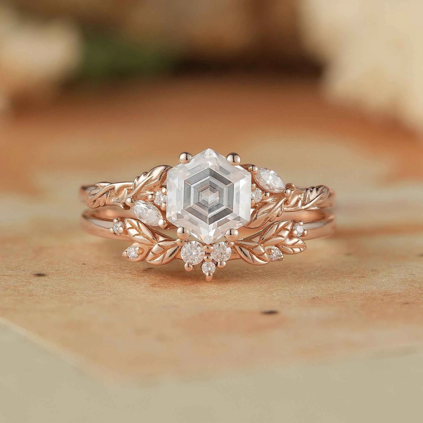 Hexagon Moissanite Engagement Ring Set