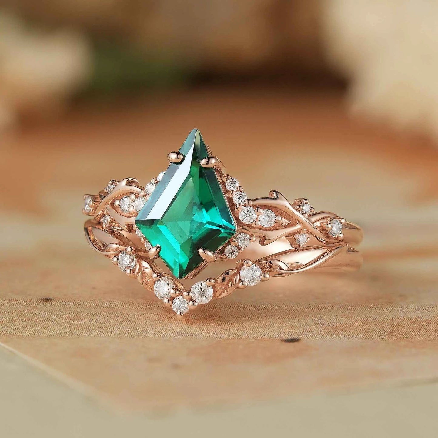 Twig Emerald & Moissanite Bridal Set