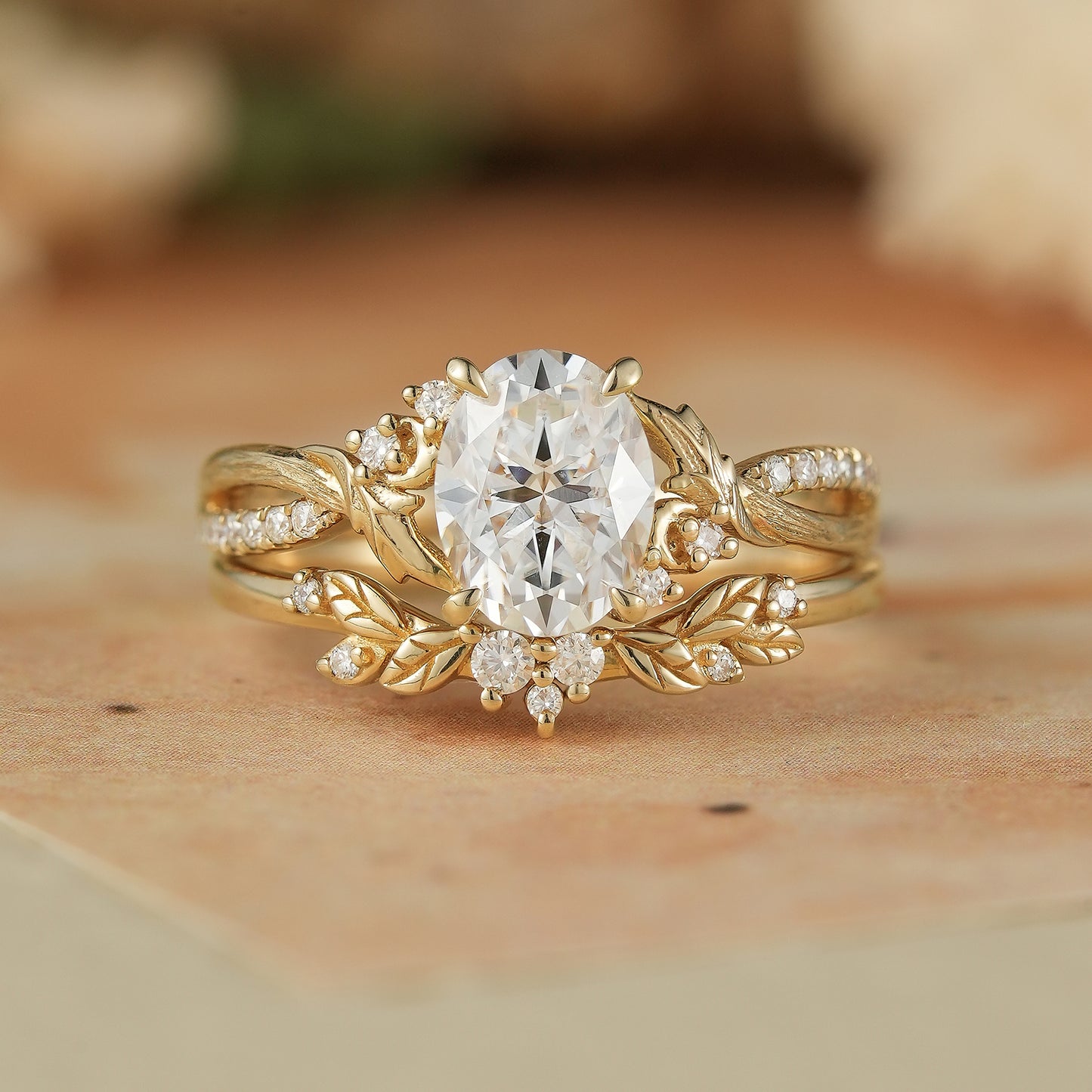 Moissanite Leaf & Moon Design Bridal Set
