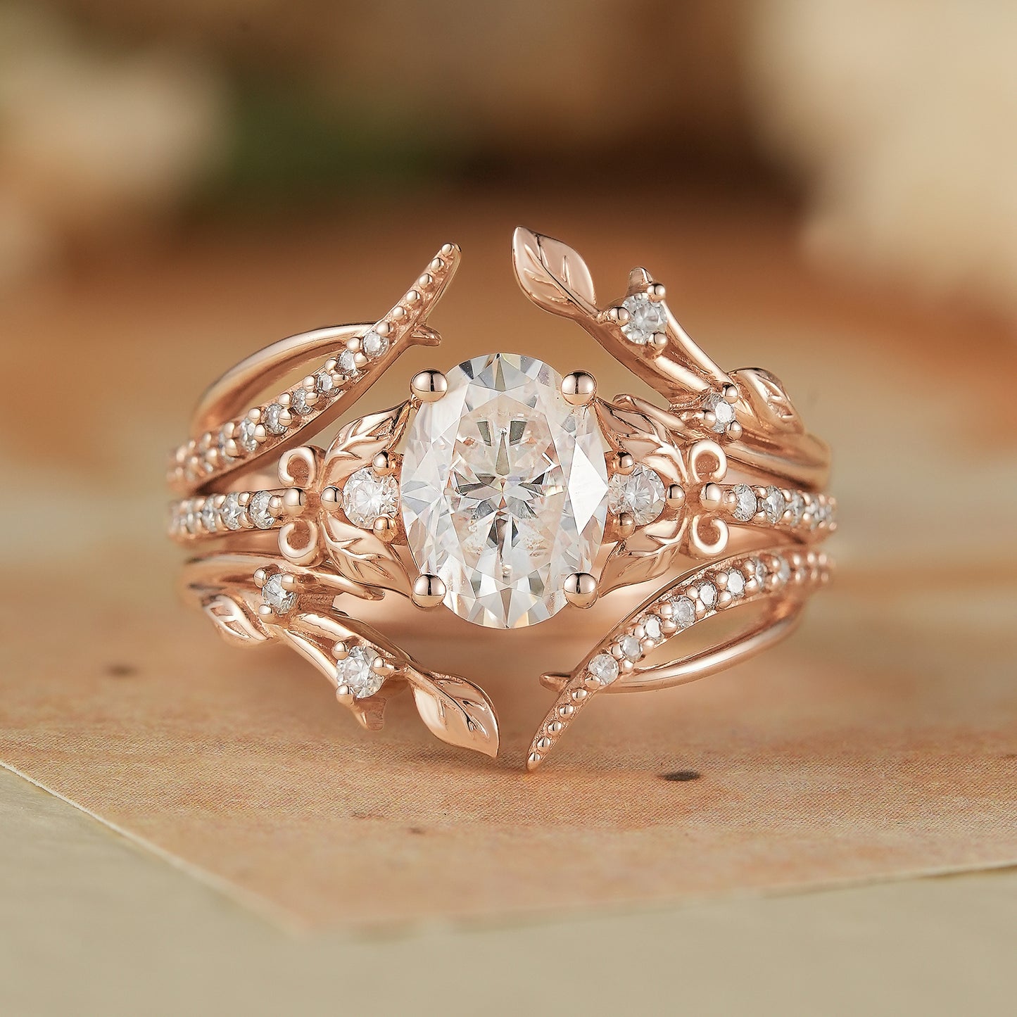 Oval Moissanite Rose Gold Enhancer Ring Set