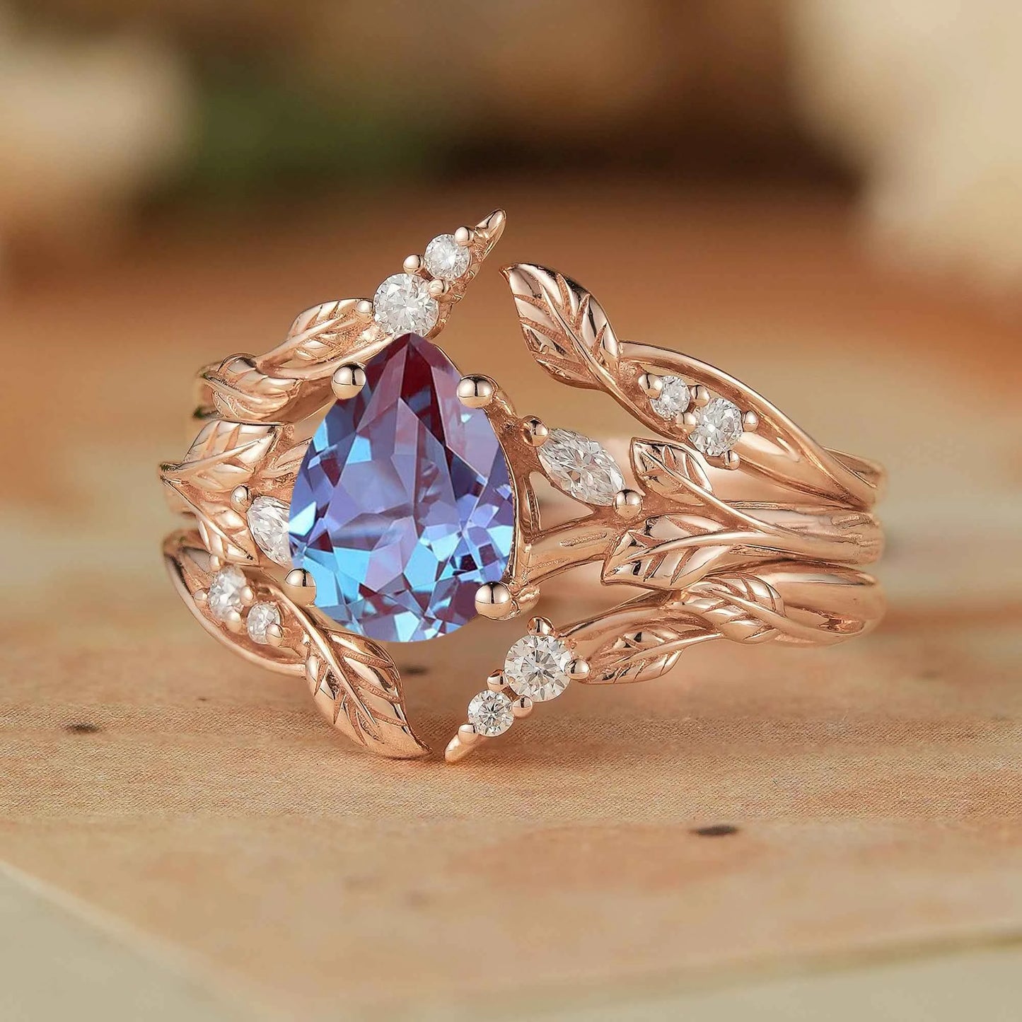 Pear Alexandrite Enhacner Leaf Ring Set 2pcs