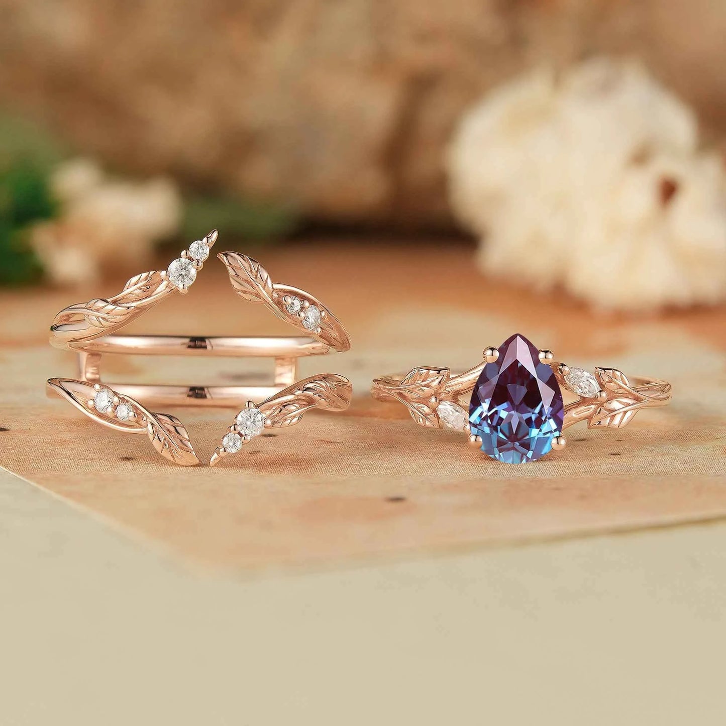 Pear Alexandrite Enhacner Leaf Ring Set 2pcs