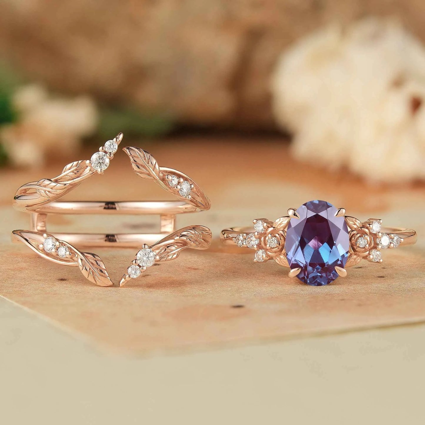 Oval Alexandrite Rose Design Moissanite Ring Set - Maris