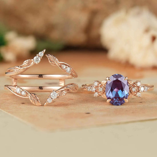 Oval Alexandrite Rose Design Moissanite Ring Set - Maris