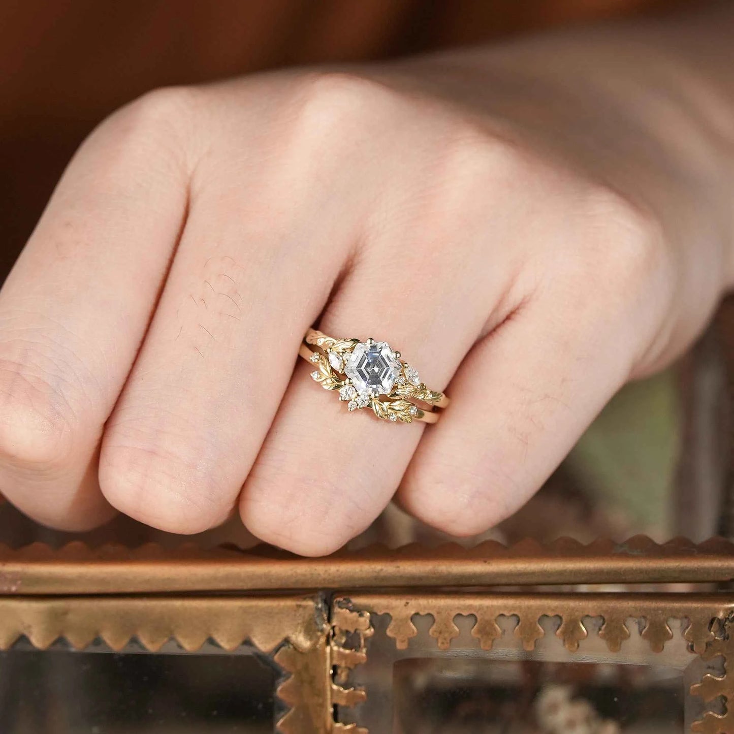 Hexagon Moissanite Engagement Ring Set