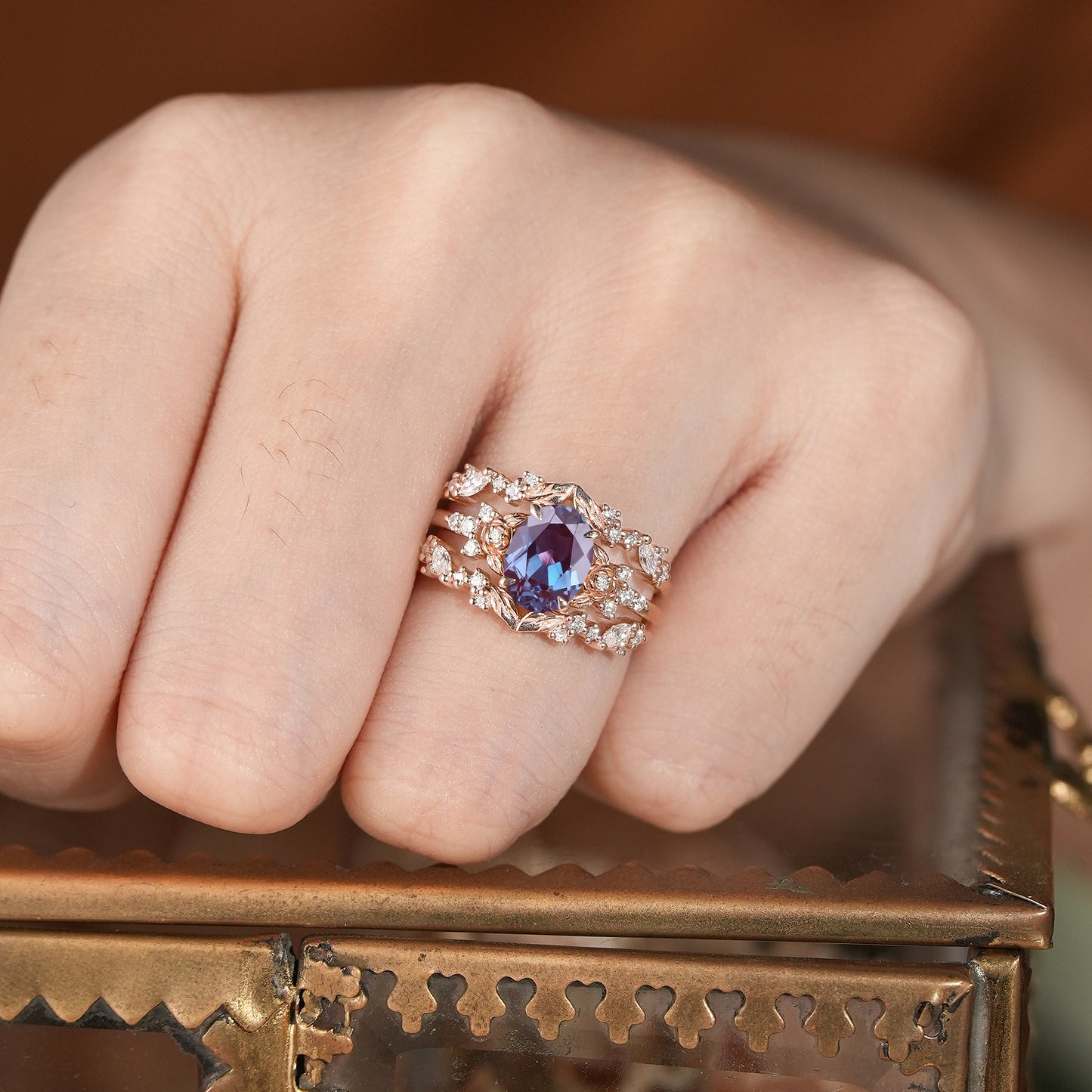 Oval Alexandrite & Rose Moissanite Enhancer Ring Set