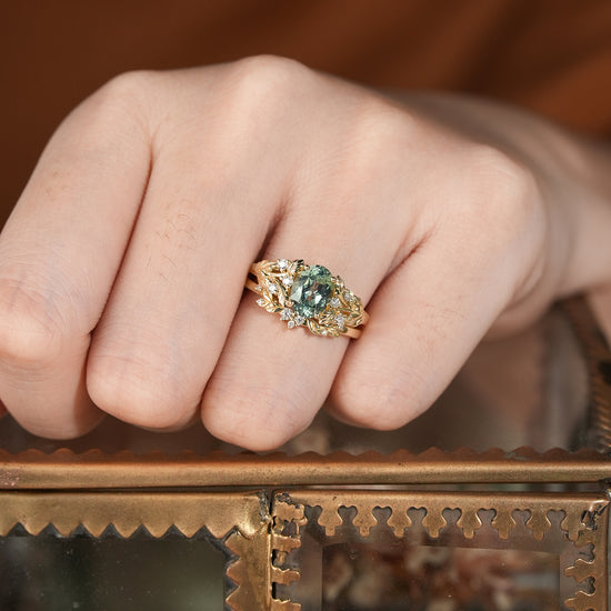 Oval Green Sapphire & Moissanite Ring Set