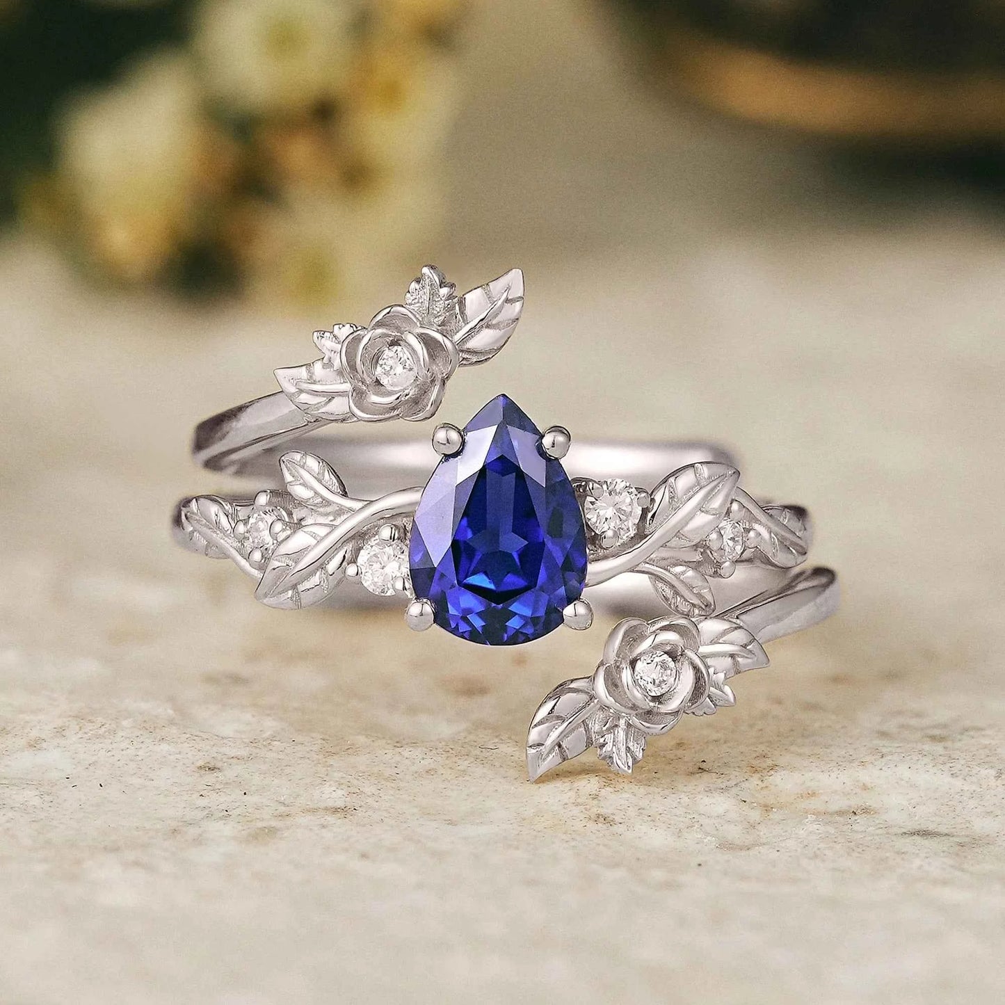 Pear Cut Royal Blue Sapphire Floral Ring Set Rose Blossom - Camille