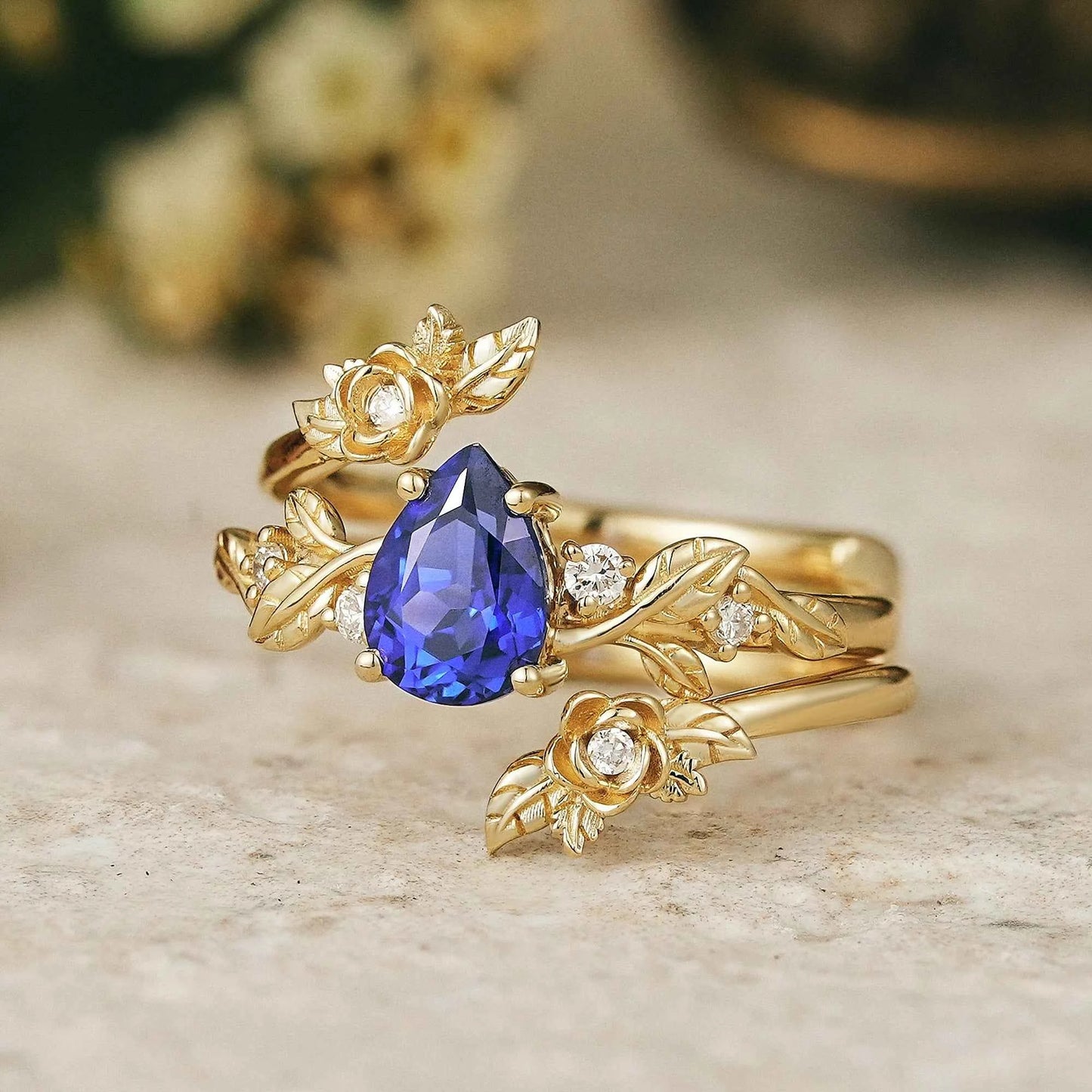 Pear Cut Royal Blue Sapphire Floral Ring Set Rose Blossom - Camille