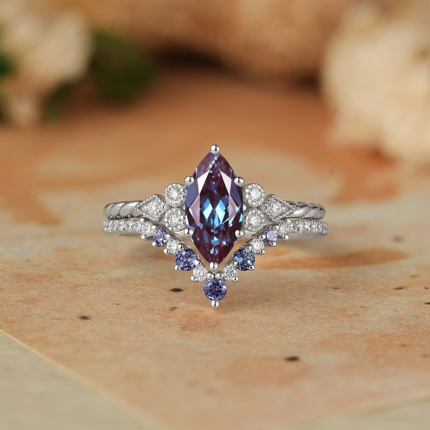 Vintage Marquise Cut Alexandrite Milgrain Bridal Ring Set
