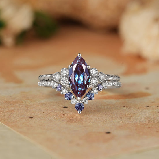 Vintage Marquise Cut Alexandrite Milgrain Bridal Ring Set