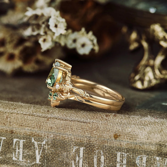 African Violet Inspired Green Sapphire Engagement Ring Set 2pcs - Amara - GemsMagic - GemsMagic