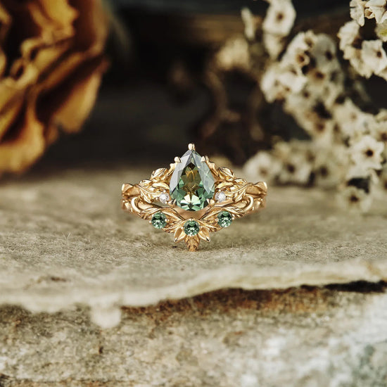 African Violet Inspired Green Sapphire Engagement Ring Set 2pcs - Amara - GemsMagic - GemsMagic