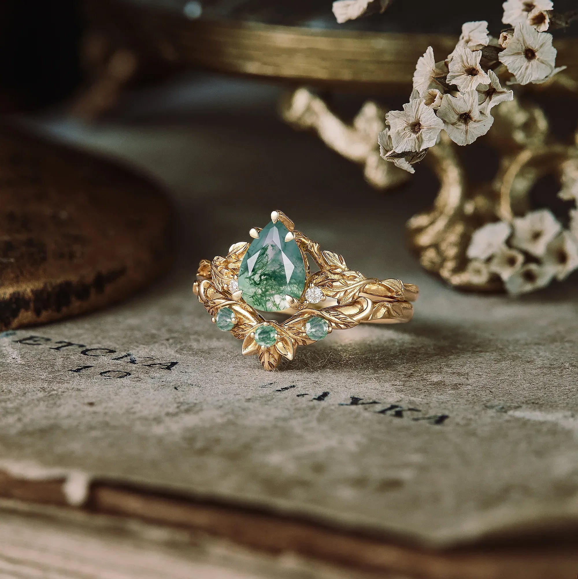 African Violet Inspired Moss Agate Engagement Ring Set 2pcs - Amara - GemsMagic - GemsMagic