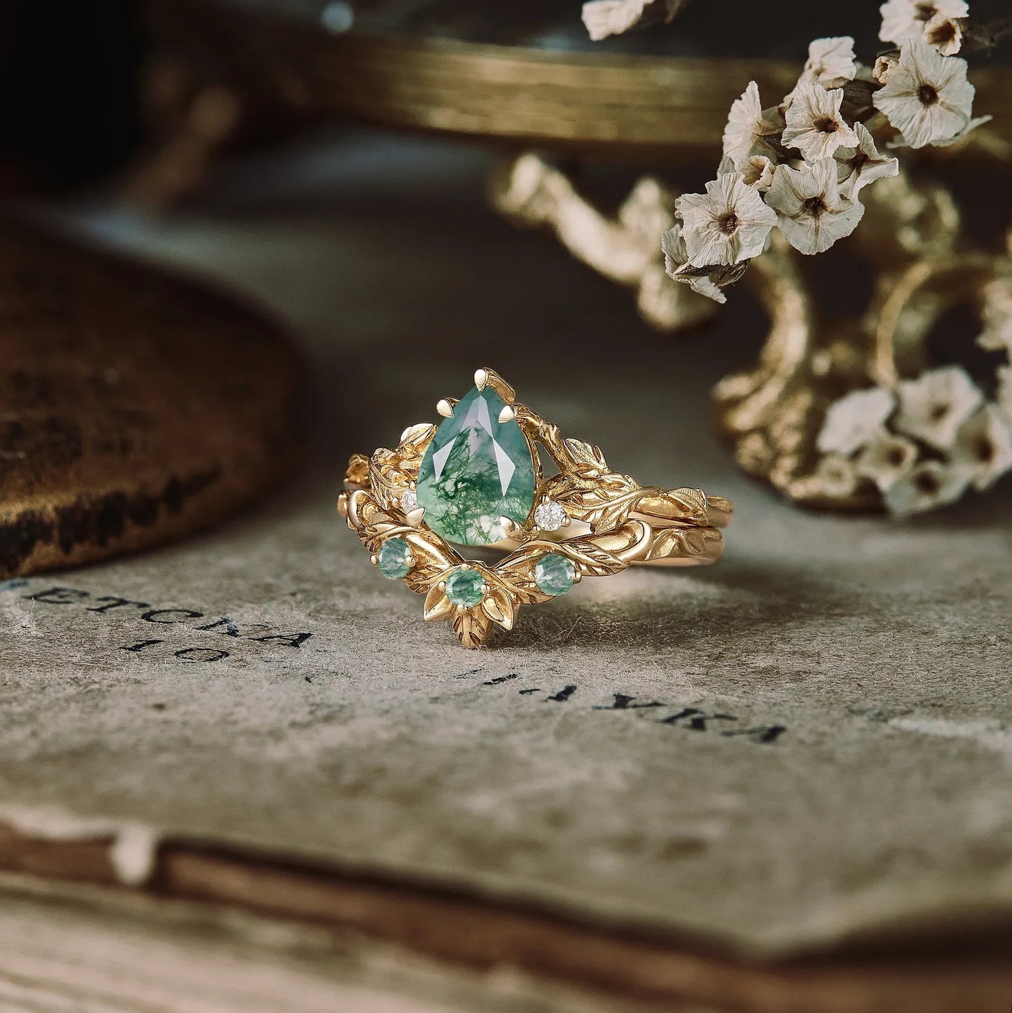 African Violet Inspired Moss Agate Engagement Ring Set 2pcs - Amara - GemsMagic - GemsMagic