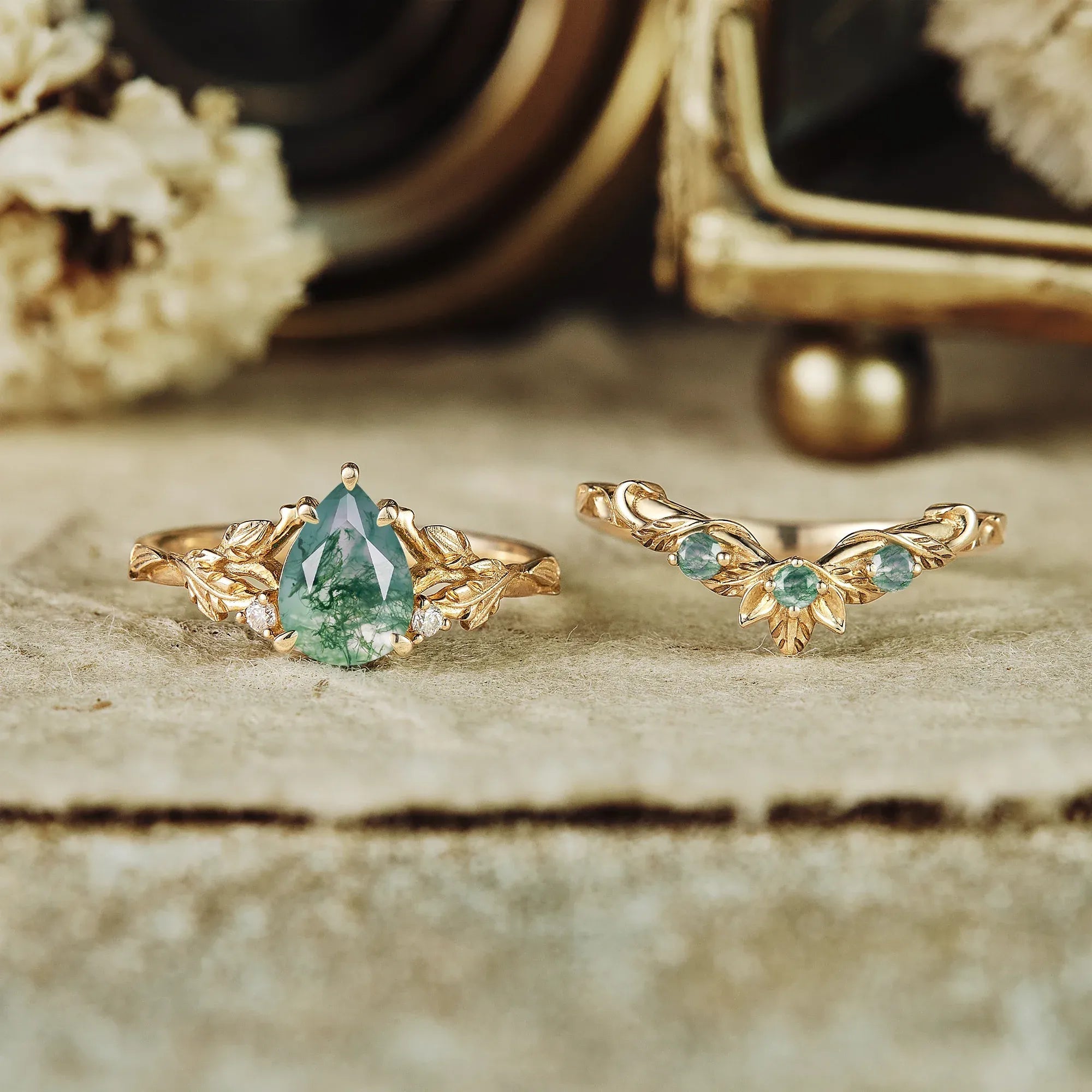 African Violet Inspired Moss Agate Engagement Ring Set 2pcs - Amara - GemsMagic - GemsMagic