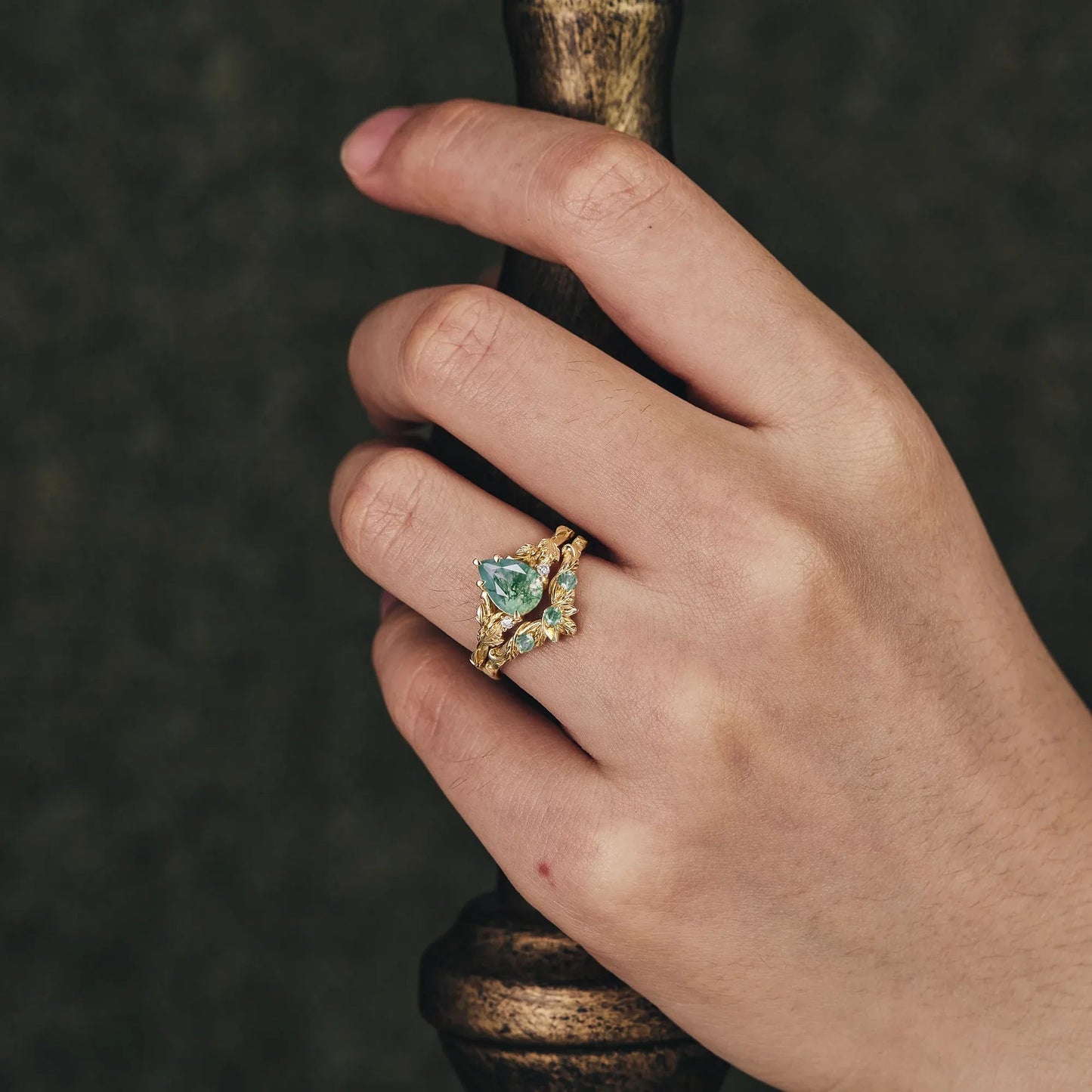 African Violet Inspired Moss Agate Engagement Ring Set 2pcs - Amara - GemsMagic - GemsMagic