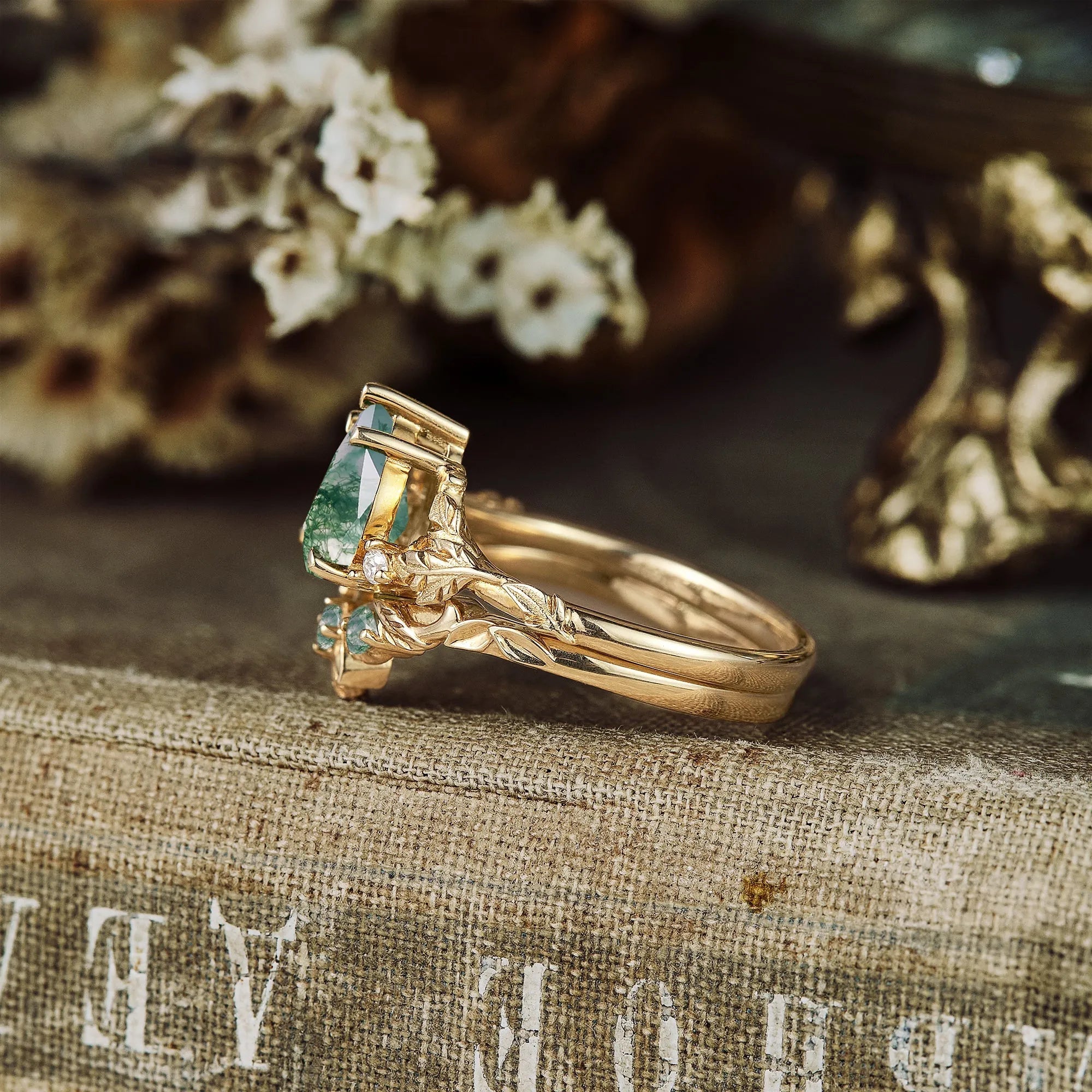 African Violet Inspired Moss Agate Engagement Ring Set 2pcs - Amara - GemsMagic - GemsMagic