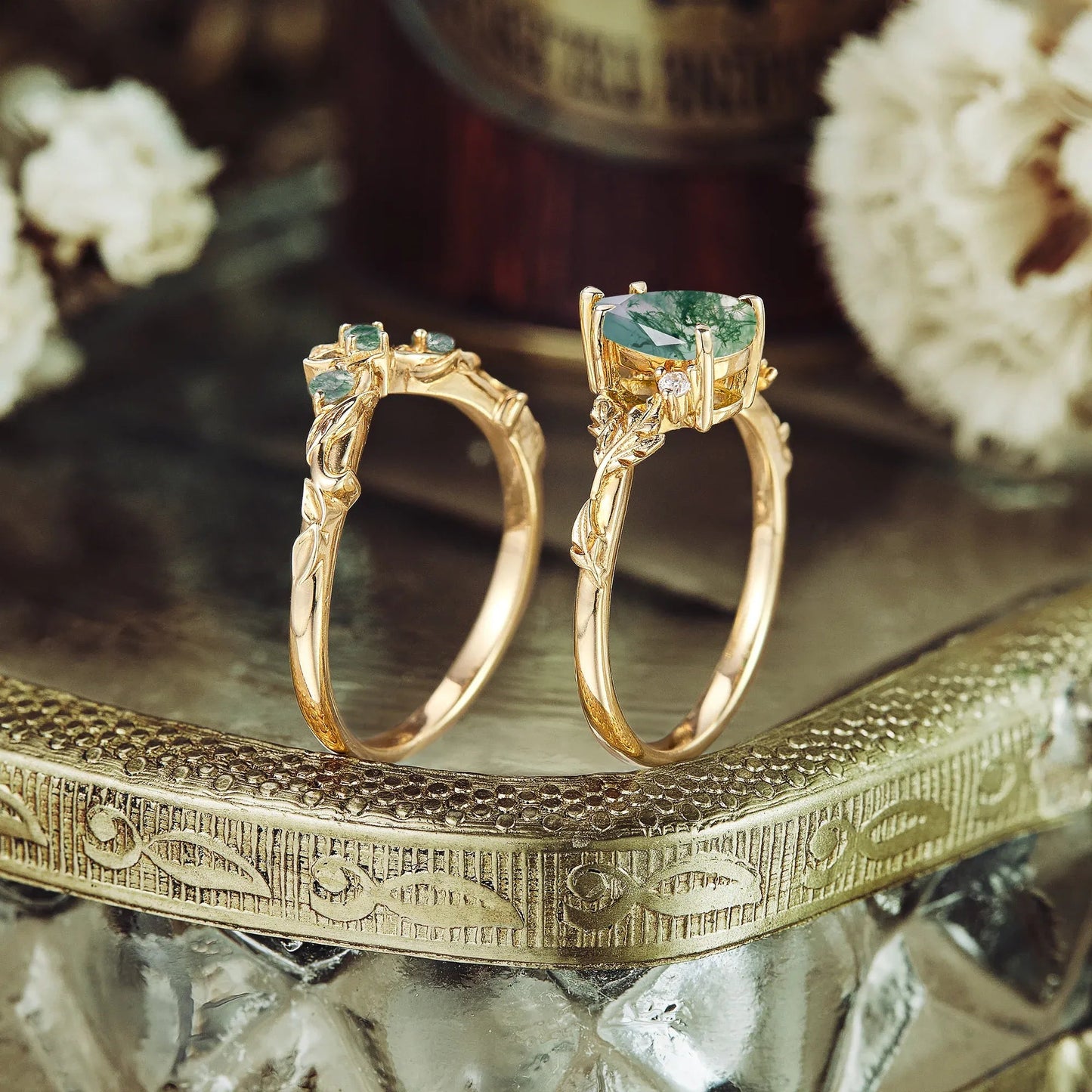 African Violet Inspired Moss Agate Engagement Ring Set 2pcs - Amara - GemsMagic - GemsMagic