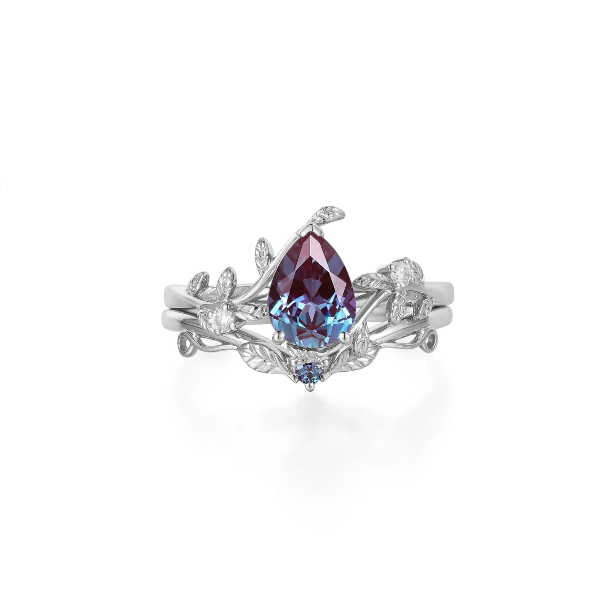 Alexandrite Leaf Engagement Ring Set 2pcs - GemsMagic - GemsMagic