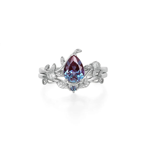 Alexandrite Leaf Engagement Ring Set 2pcs - GemsMagic - GemsMagic