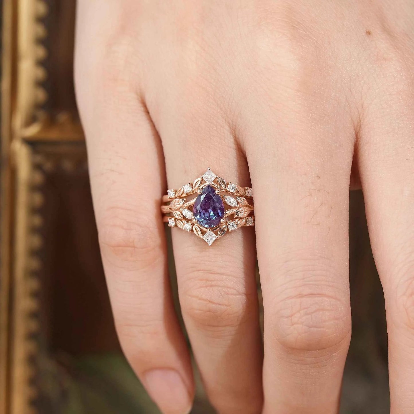 Alexandrite & Moissanite Enhancer Ring Set 2pcs - Selene - GemsMagic