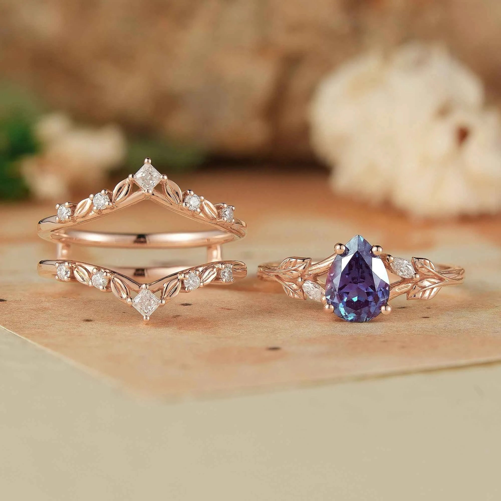 Alexandrite & Moissanite Enhancer Ring Set 2pcs - Selene - GemsMagic