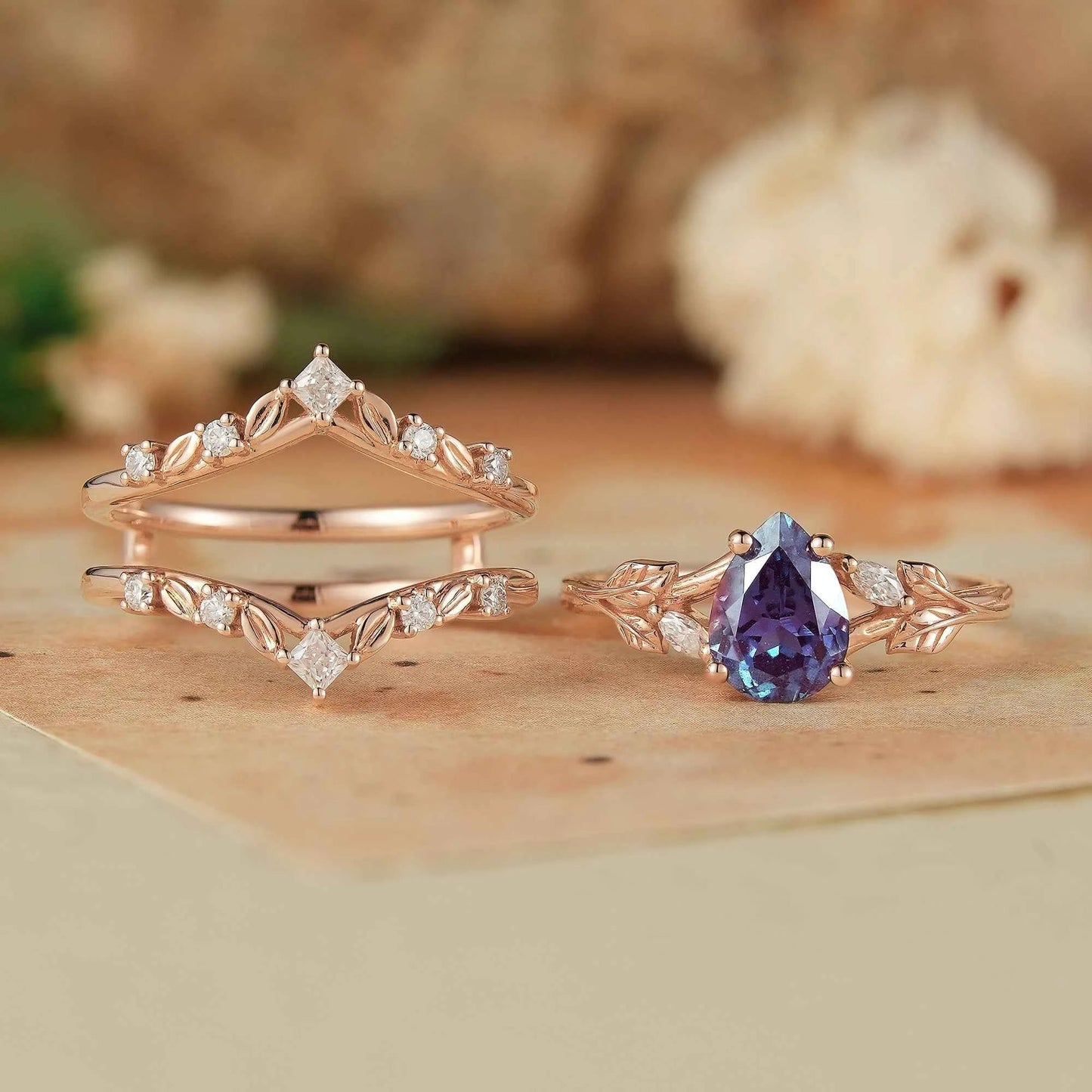 Alexandrite & Moissanite Enhancer Ring Set 2pcs - Selene - GemsMagic