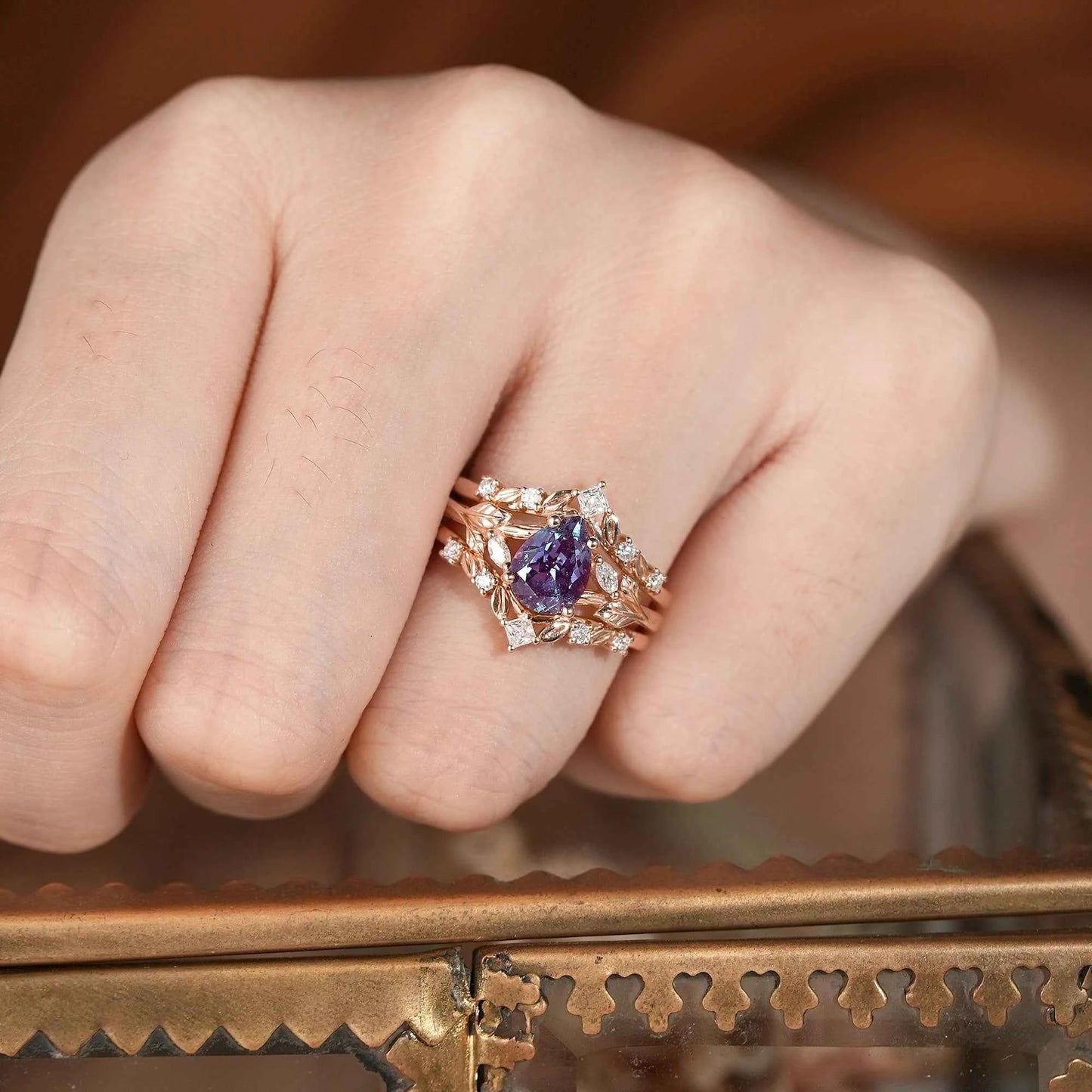 Alexandrite & Moissanite Enhancer Ring Set 2pcs - Selene - GemsMagic