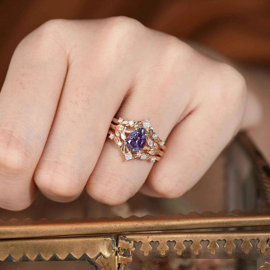 Alexandrite & Moissanite Enhancer Ring Set 2pcs - Selene - GemsMagic