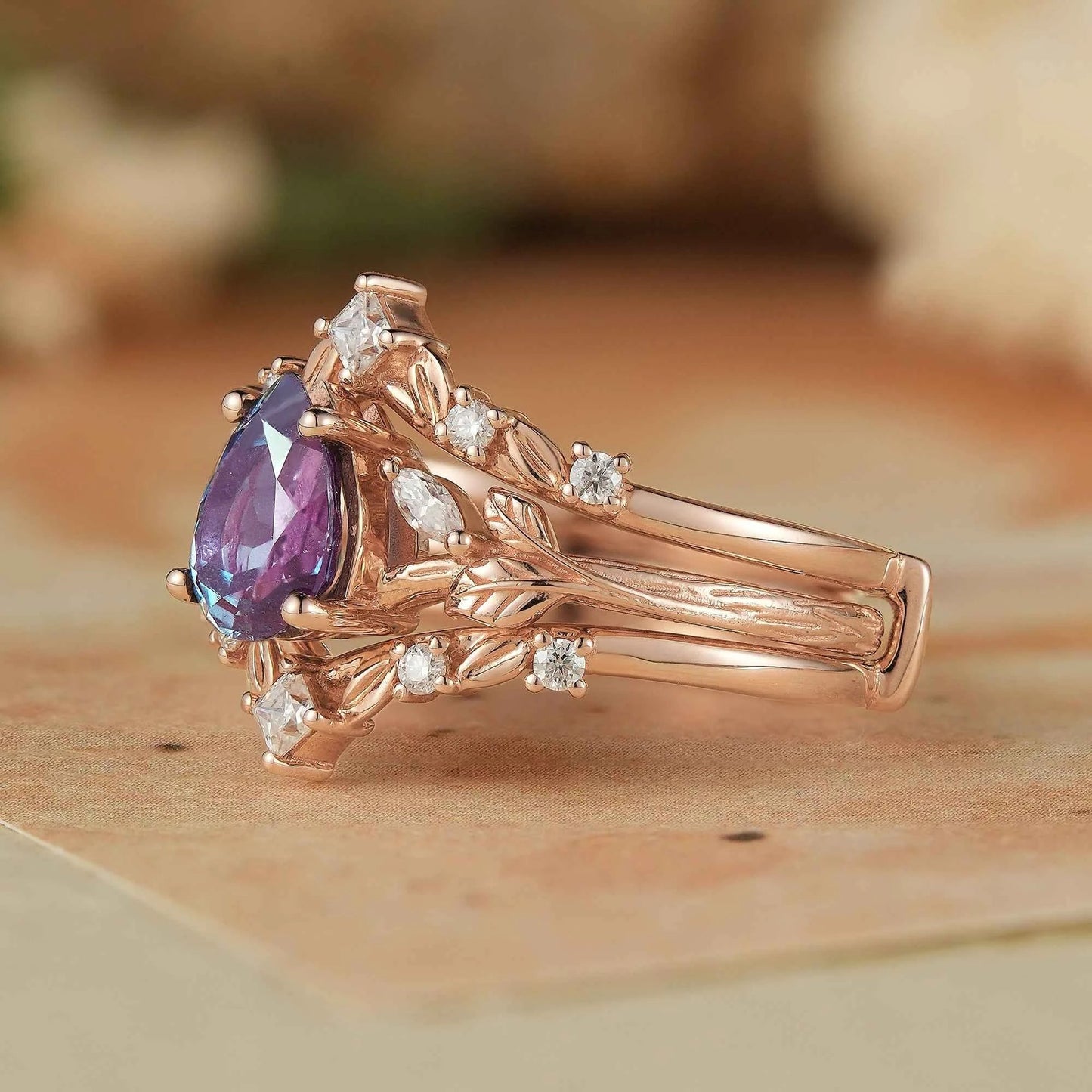 Alexandrite & Moissanite Enhancer Ring Set 2pcs - Selene - GemsMagic