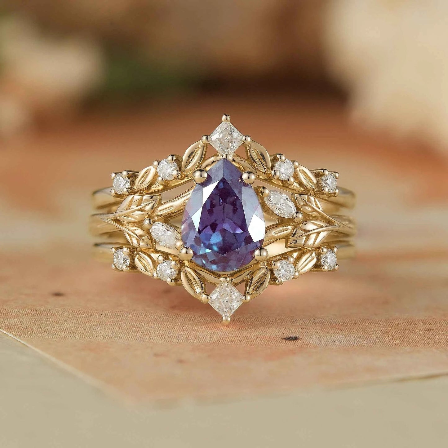 Alexandrite & Moissanite Enhancer Ring Set 2pcs - Selene - GemsMagic