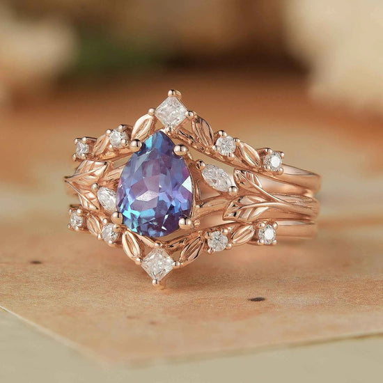 Alexandrite & Moissanite Enhancer Ring Set 2pcs - Selene - GemsMagic